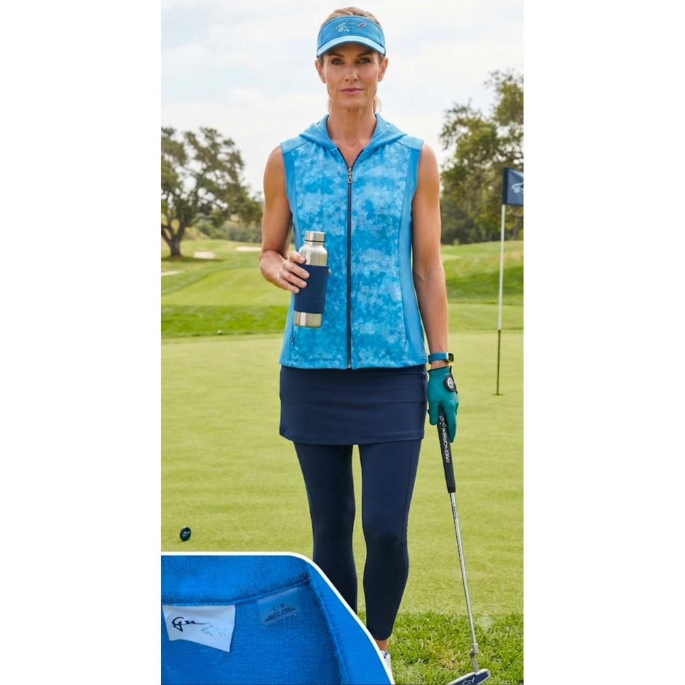 Greg Norman Blue Floral Sleeveless Golf Hoodie Full Zip Vest Women Large